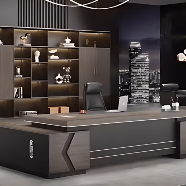 Bureau ALL WAY : Bureau de direction moderne en bois sombre, éclairage intégré et décoration élégante, idéal pour un espace de travail professionnel et contemporain.