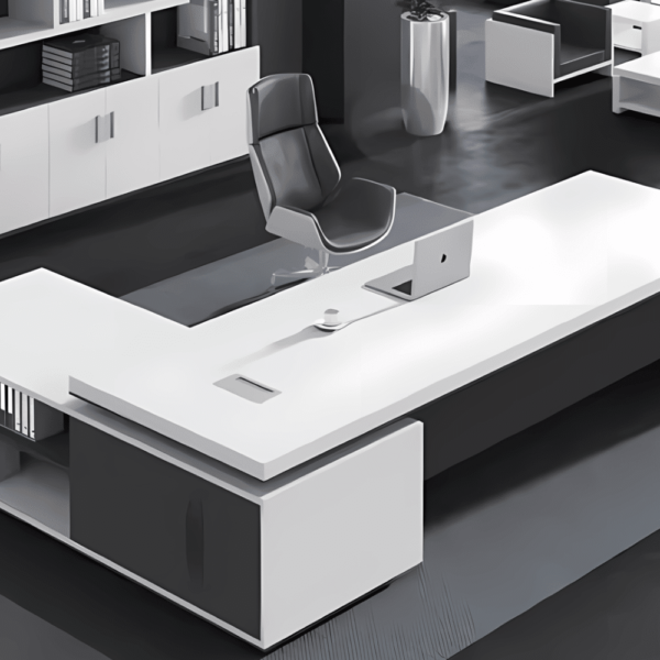 Bureau BALI : Bureau de direction moderne blanc en L, design épuré et contemporain.