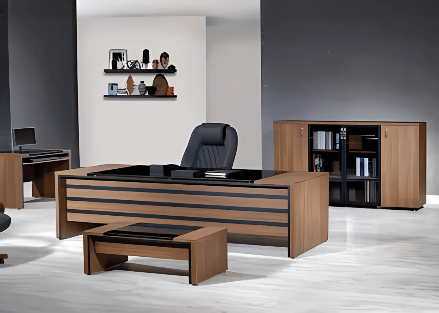 Bureau EFES avec motif en noir devant, dessus en verre fumé, idéal pour les espaces de travail modernes et élégants.