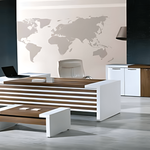 meuble de direction en motif blanc rayé devant. Idéal pour les espaces de travail simple et élégant