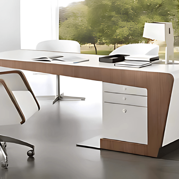Bureau de direction style et design suspendu sur un cote et superposé sur piètement en bois