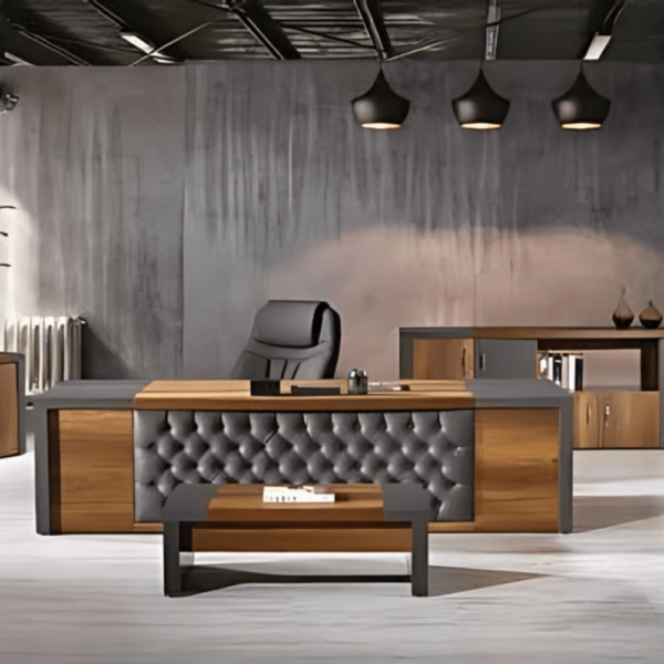 Bureau pour espace de travail professionnel avec revêtement en cuir devant.