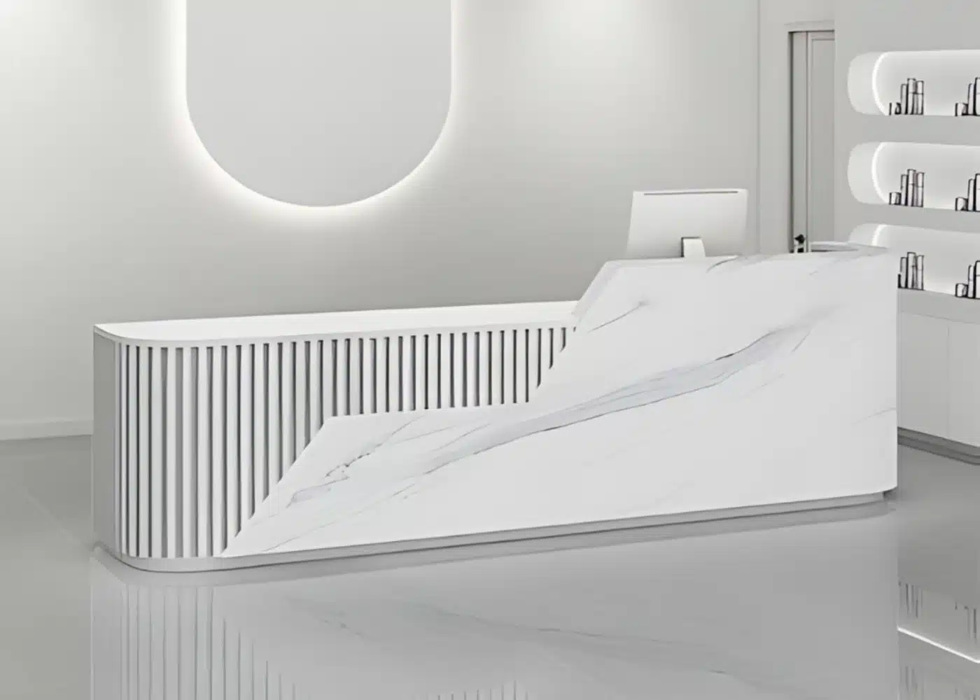 Comptoir d'accueil en blanc et effet marbre