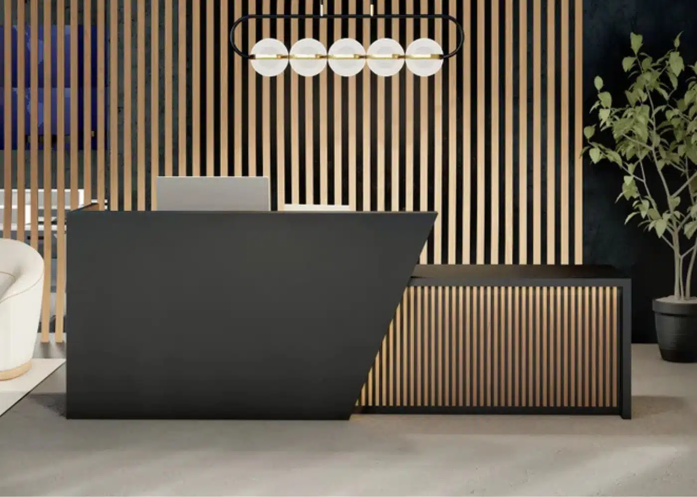 Comptoir d'accueil en noir et bardage avec led